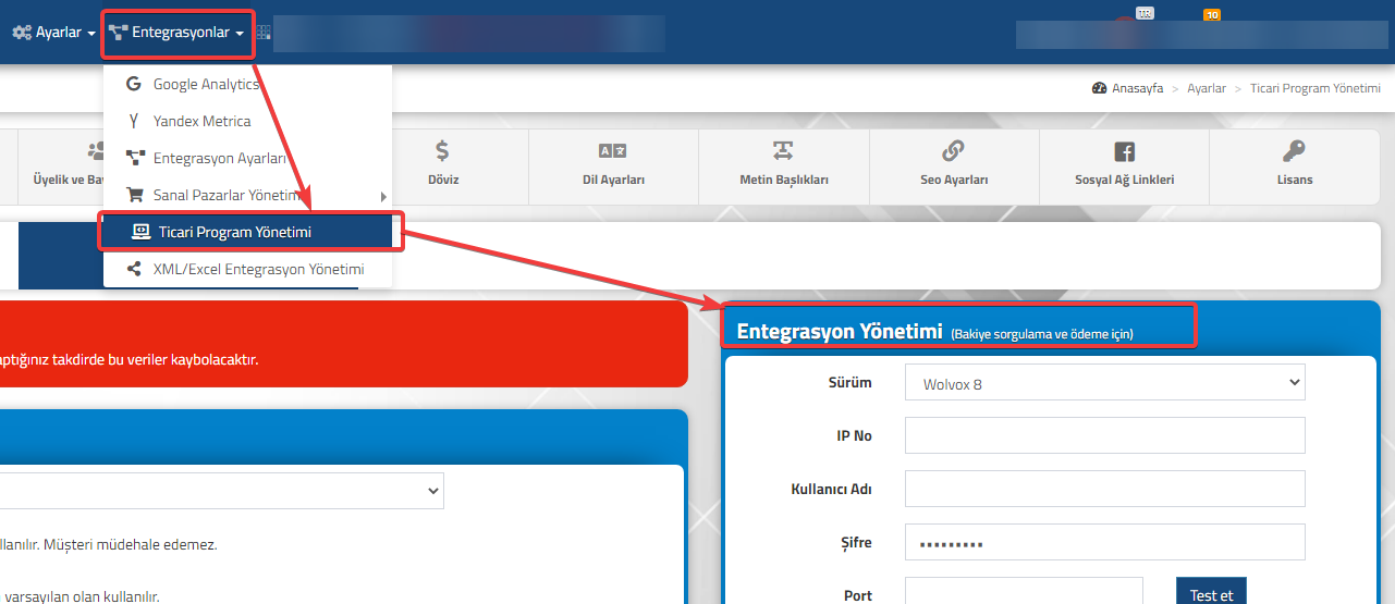 AKINSOFT e-Ticaret Programında Entegrasyon Yönetimi