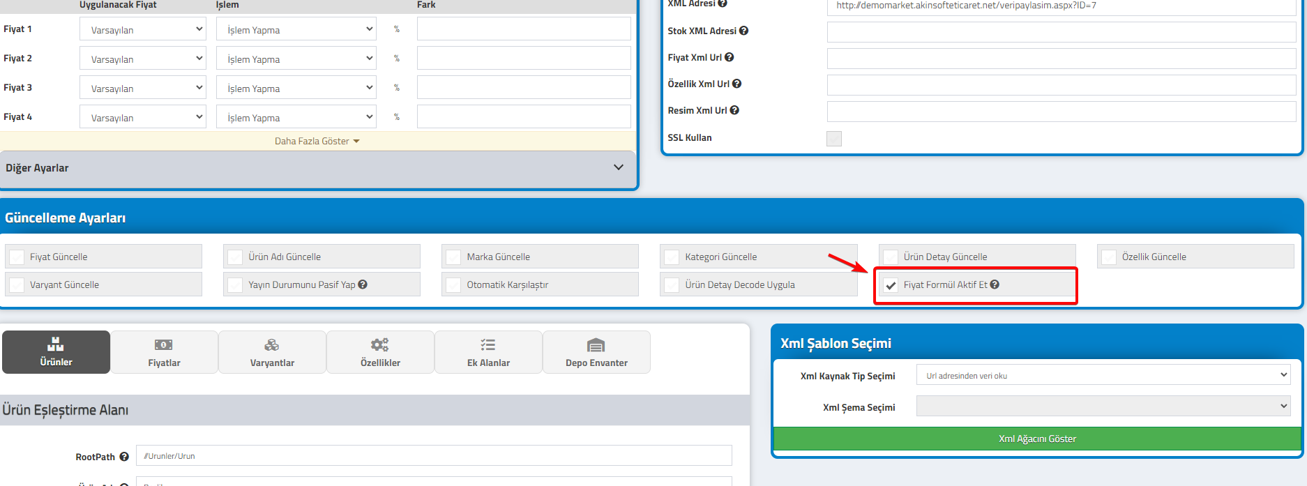 AKINSOFT e-Ticaret Programında  Import Xml  Kategori Bazlı Fiyat Formül İşlemleri