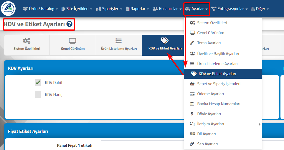 AKINSOFT e-Ticaret Programında KDV ve Etiket Ayarları