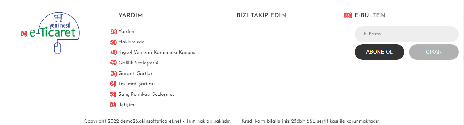 AKINSOFT e-Ticaret Programında Tema Özellikleri CMS Şablon – 1  Alt Bölüm