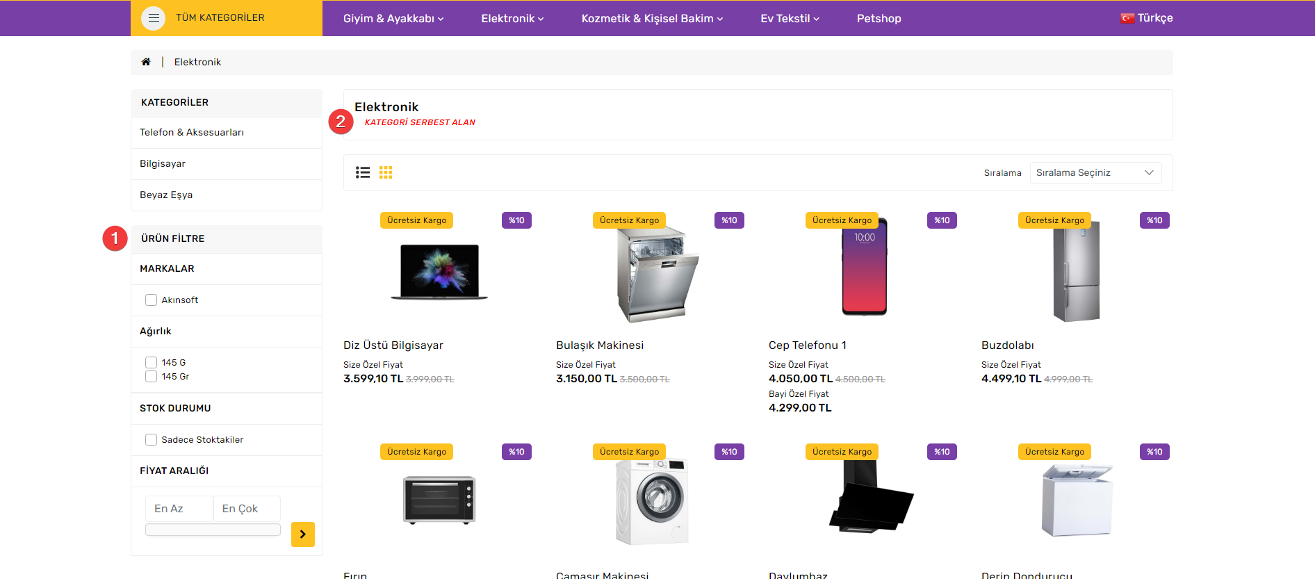 AKINSOFT e-Ticaret Programında Tema Özellikleri Premium-2 Ürün Listesi Alanı