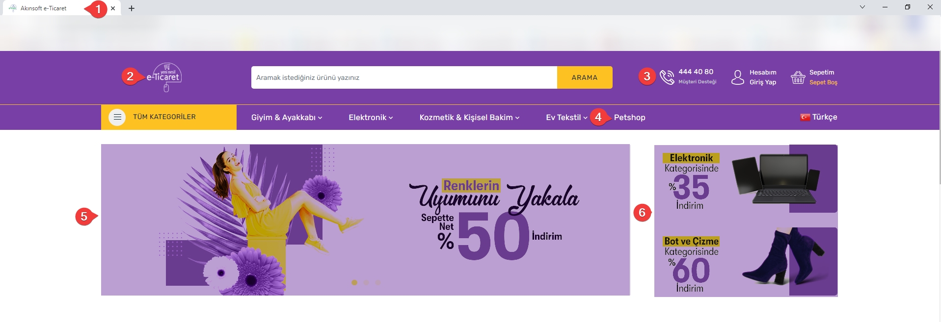 AKINSOFT e-Ticaret Programında Tema Özellikleri Premium Tema -2 Üst Bölüm