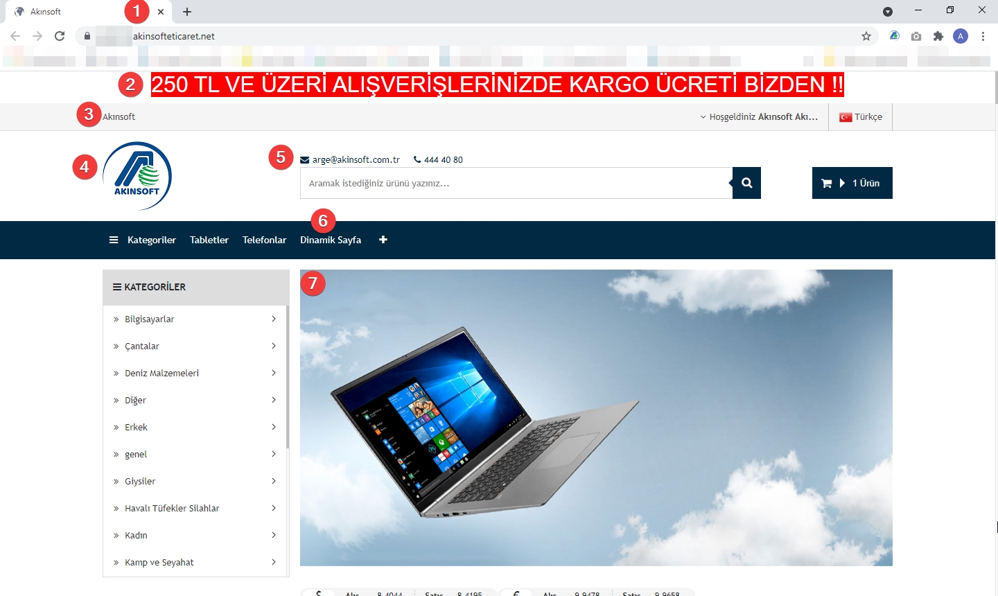 AKINSOFT e-Ticaret Programında Tema Özellikleri Şablon – 1 Üst Bölüm