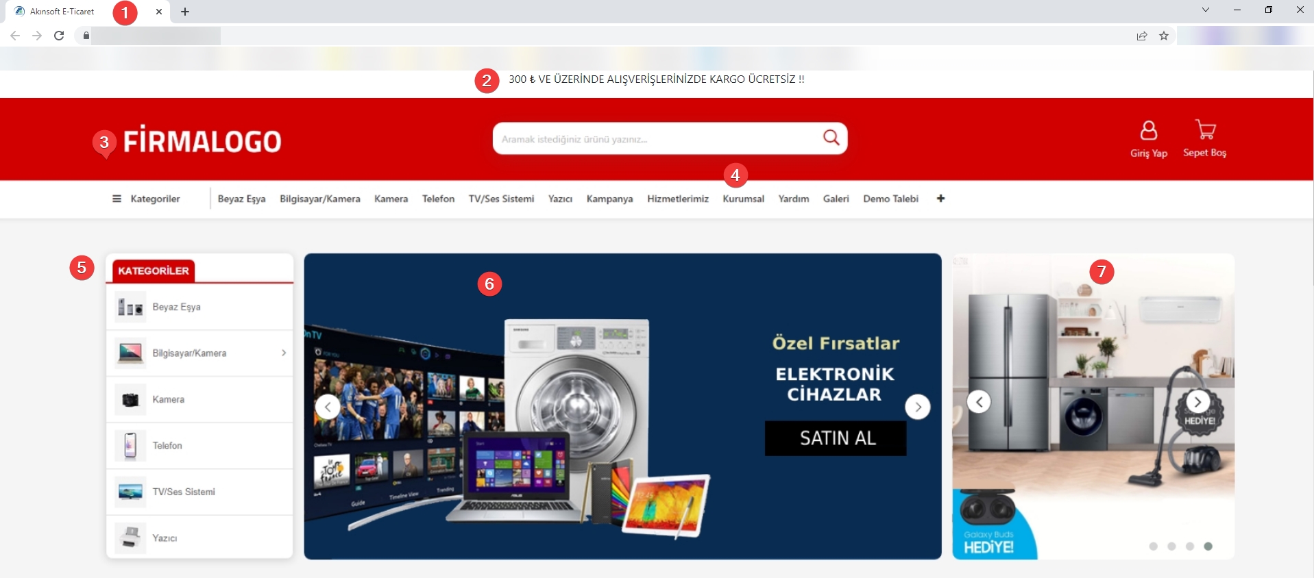 AKINSOFT e-Ticaret Programında Tema Özellikleri Şablon – 10 Üst Bölüm