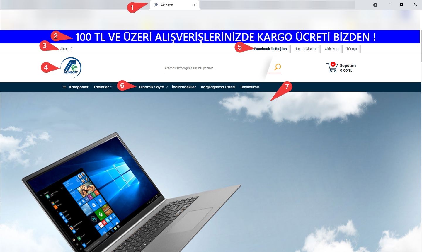 AKINSOFT e-Ticaret Programında Tema Özellikleri Şablon – 2 Üst Bölüm