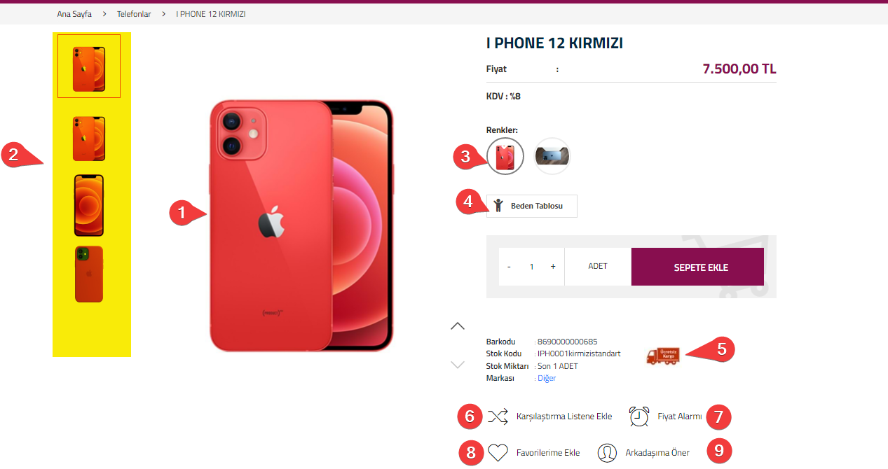 AKINSOFT e-Ticaret Programında Tema Özellikleri Şablon – 3 Ürün Detay Alanı