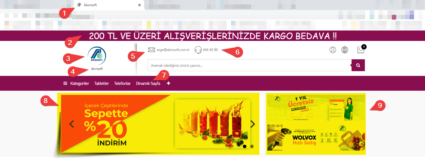 AKINSOFT e-Ticaret Programında Tema Özellikleri Şablon – 3 Üst Bölüm