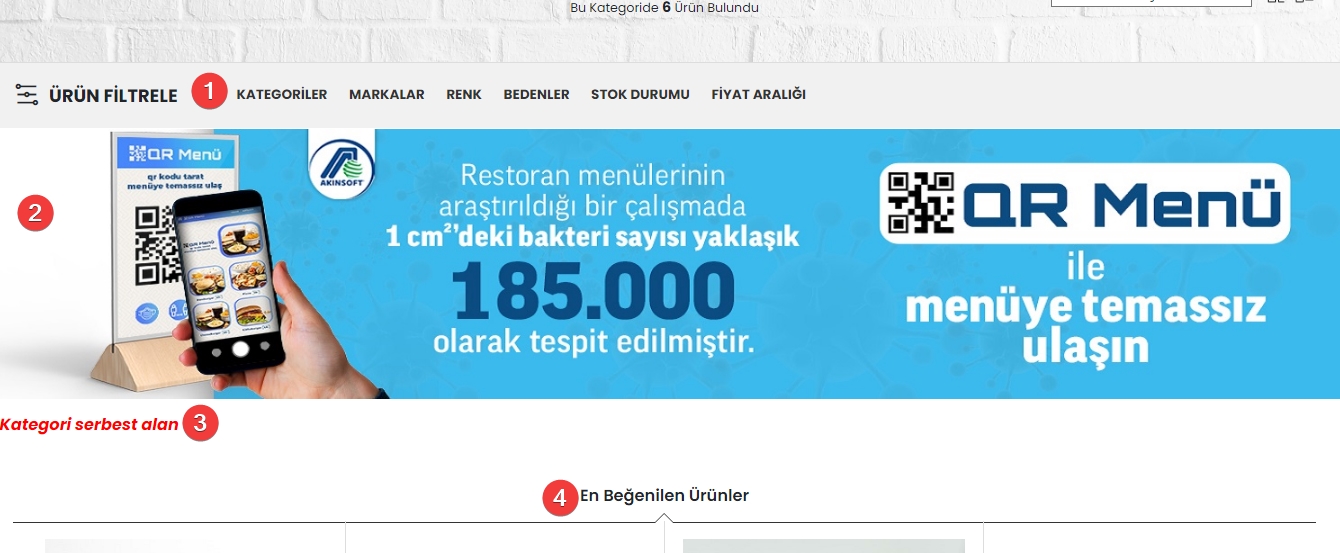AKINSOFT e-Ticaret Programında Tema Özellikleri Şablon – 4 Ürün Listesi Alanı