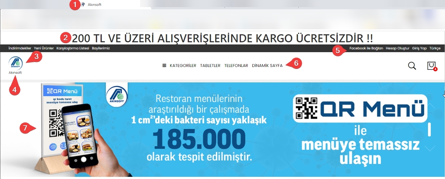 AKINSOFT e-Ticaret Programında Tema Özellikleri Şablon – 4 Üst Bölüm