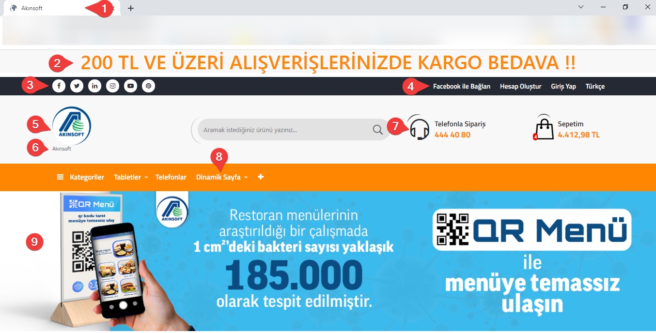 AKINSOFT e-Ticaret Programında Tema Özellikleri Şablon – 5 Üst Bölüm