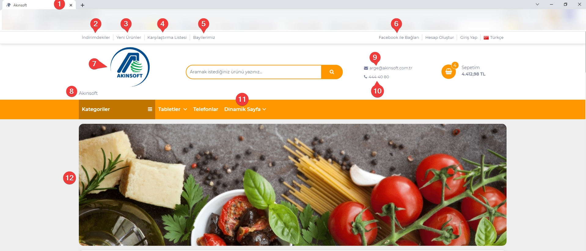 AKINSOFT e-Ticaret Programında Tema Özellikleri Şablon – 6 Üst Bölüm