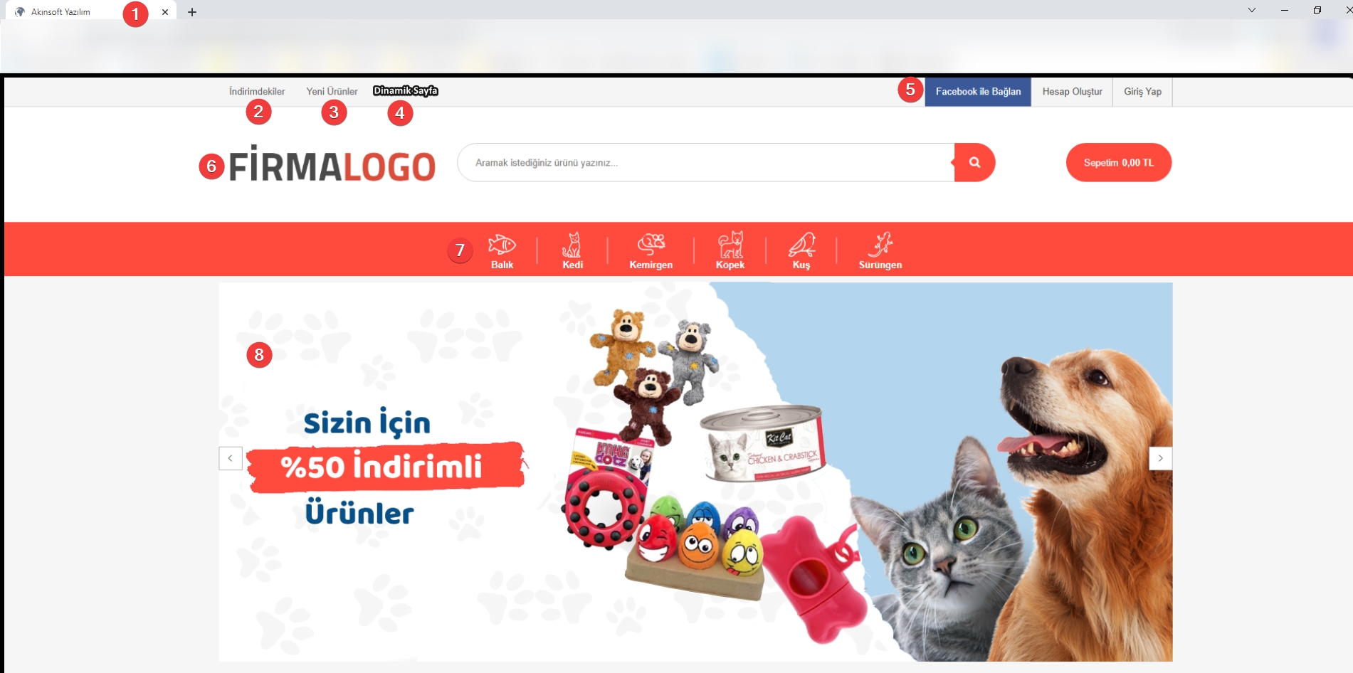AKINSOFT e-Ticaret Programında Tema Özellikleri Şablon – 8 Üst Bölüm