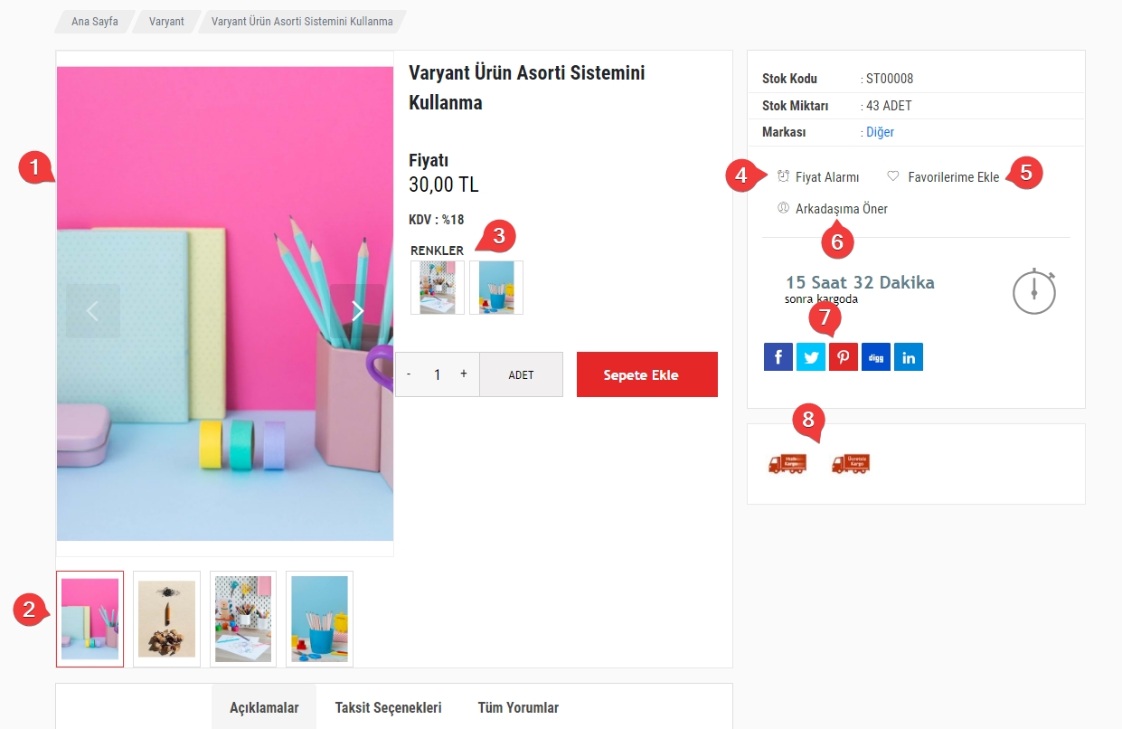 AKINSOFT e-Ticaret Programında Tema Özellikleri Şablon – 9 Ürün Detay Alanı