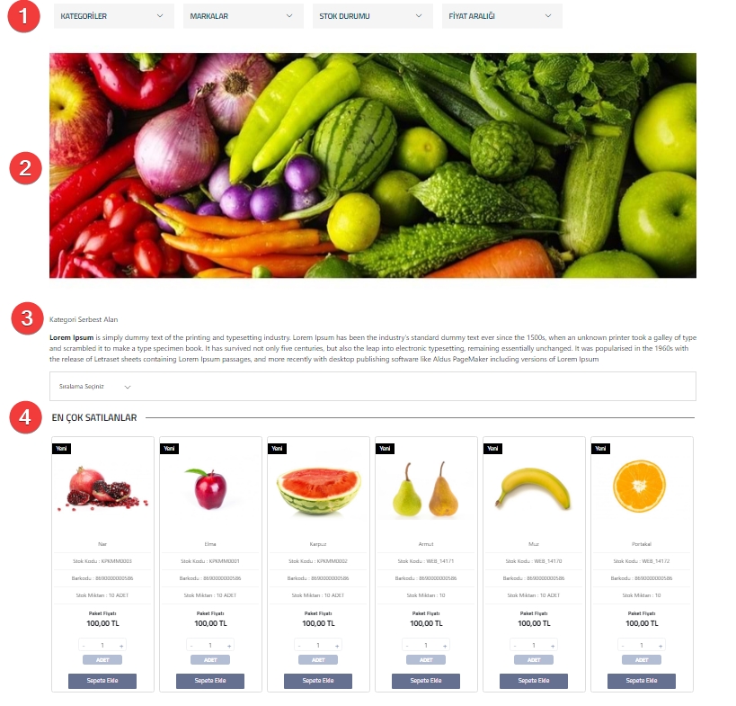AKINSOFT e-Ticaret Programında Tema Özellikleri Şablon – Market 1  Ürün Listesi Alanı