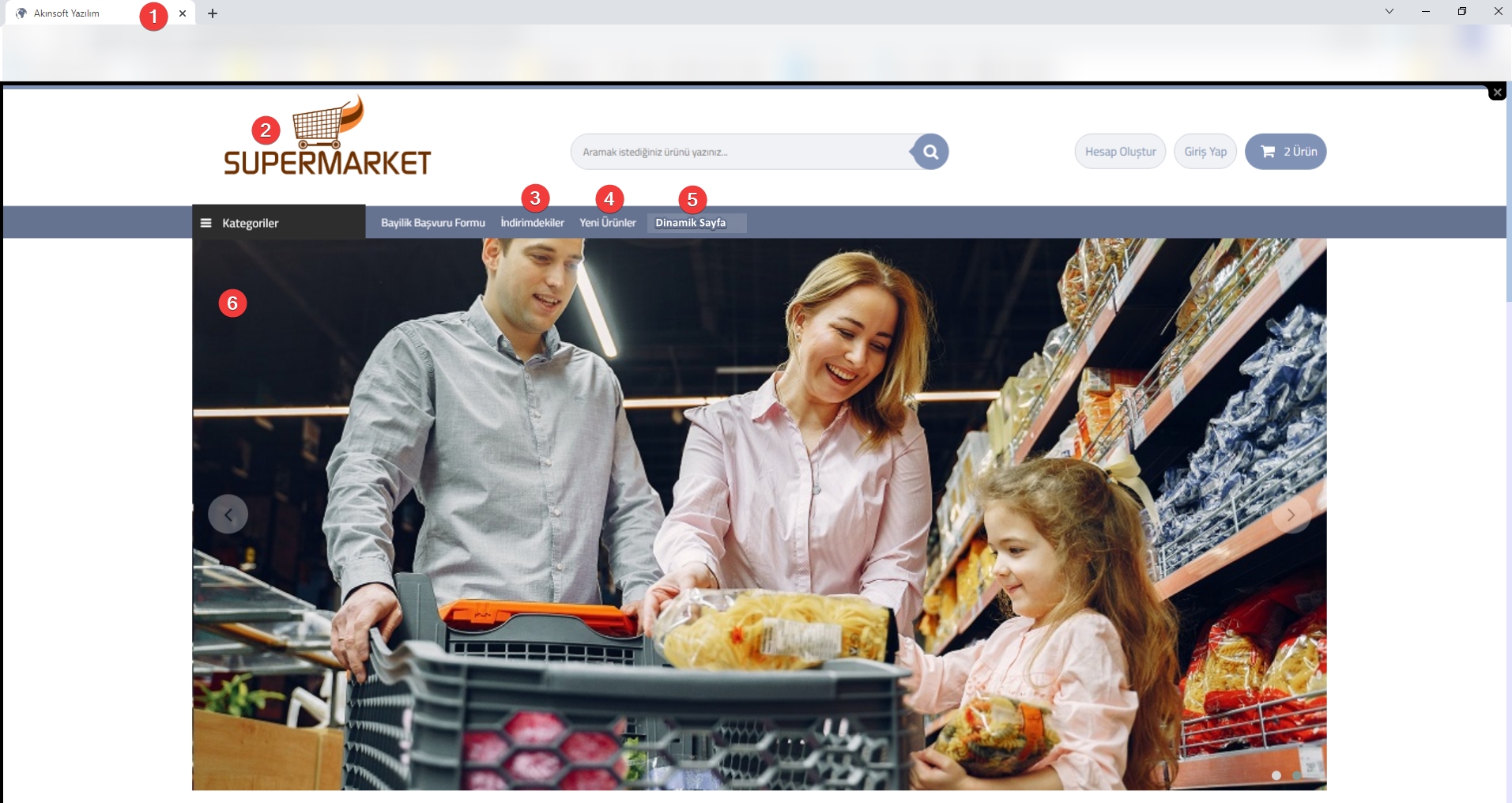 AKINSOFT e-Ticaret Programında Tema Özellikleri Şablon Market 1 Üst Bölüm