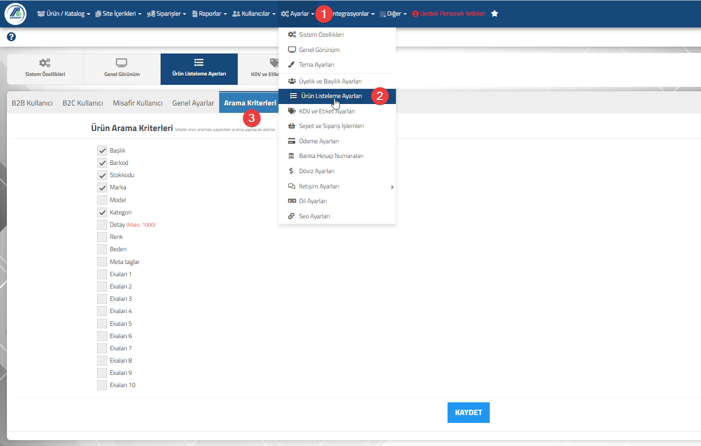 AKINSOFT e-Ticaret Programında  Ürün Arama Kriterleri