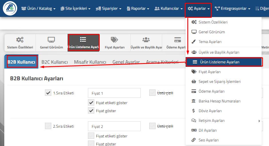 AKINSOFT  e-Ticaret Programında Ürün Listeleme Ayarları