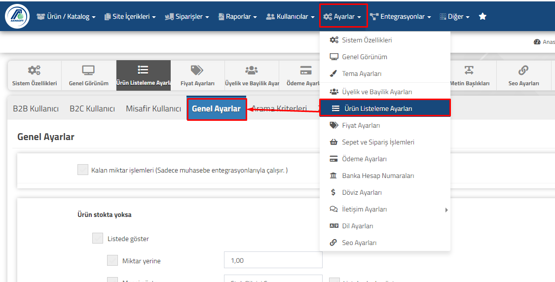 AKINSOFT e-Ticaret Programında Ürün Listeleme için Genel Ayarlar